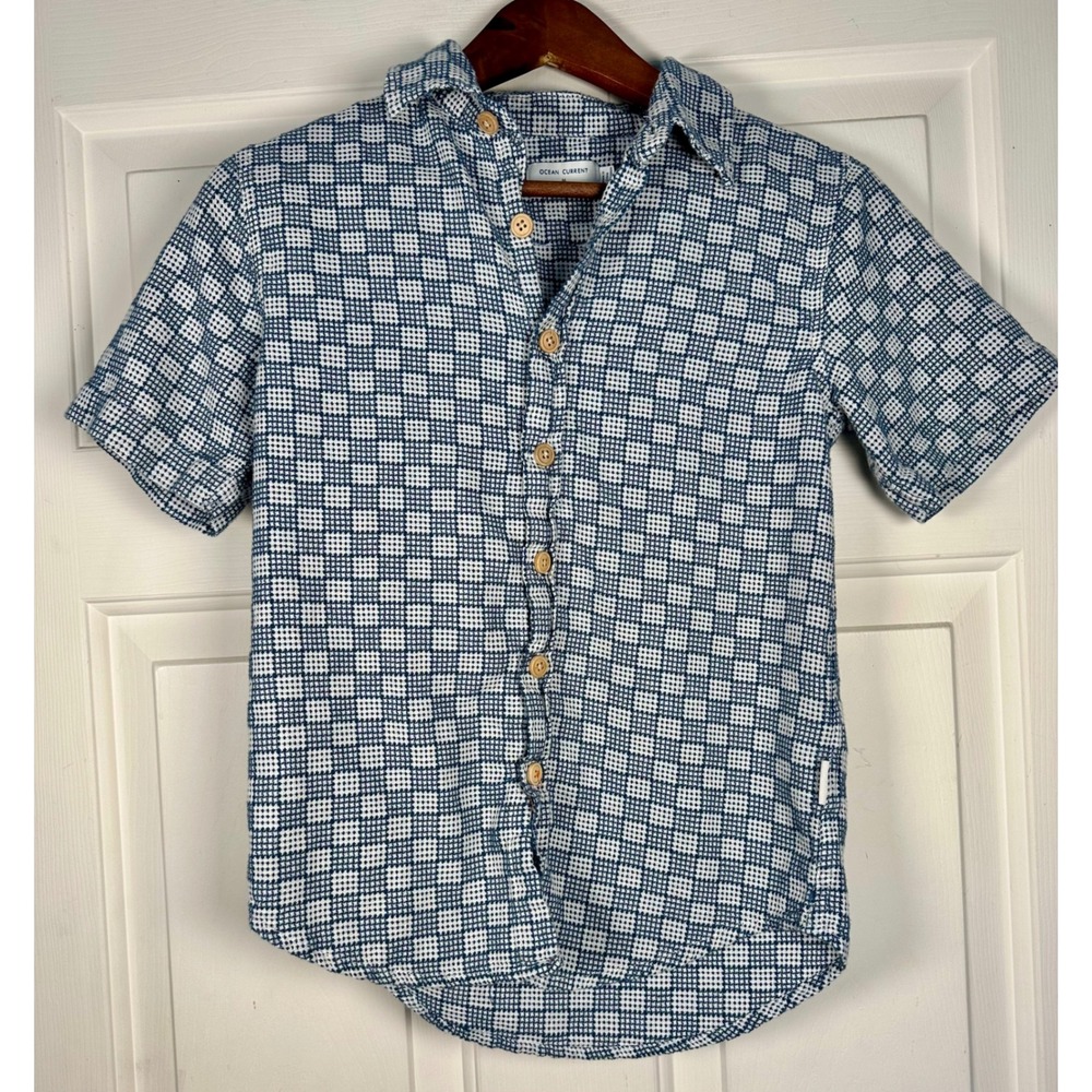 Ocean‎ Current Boys Blue White Checkered Short Sleeve Button Down Shirt Size M